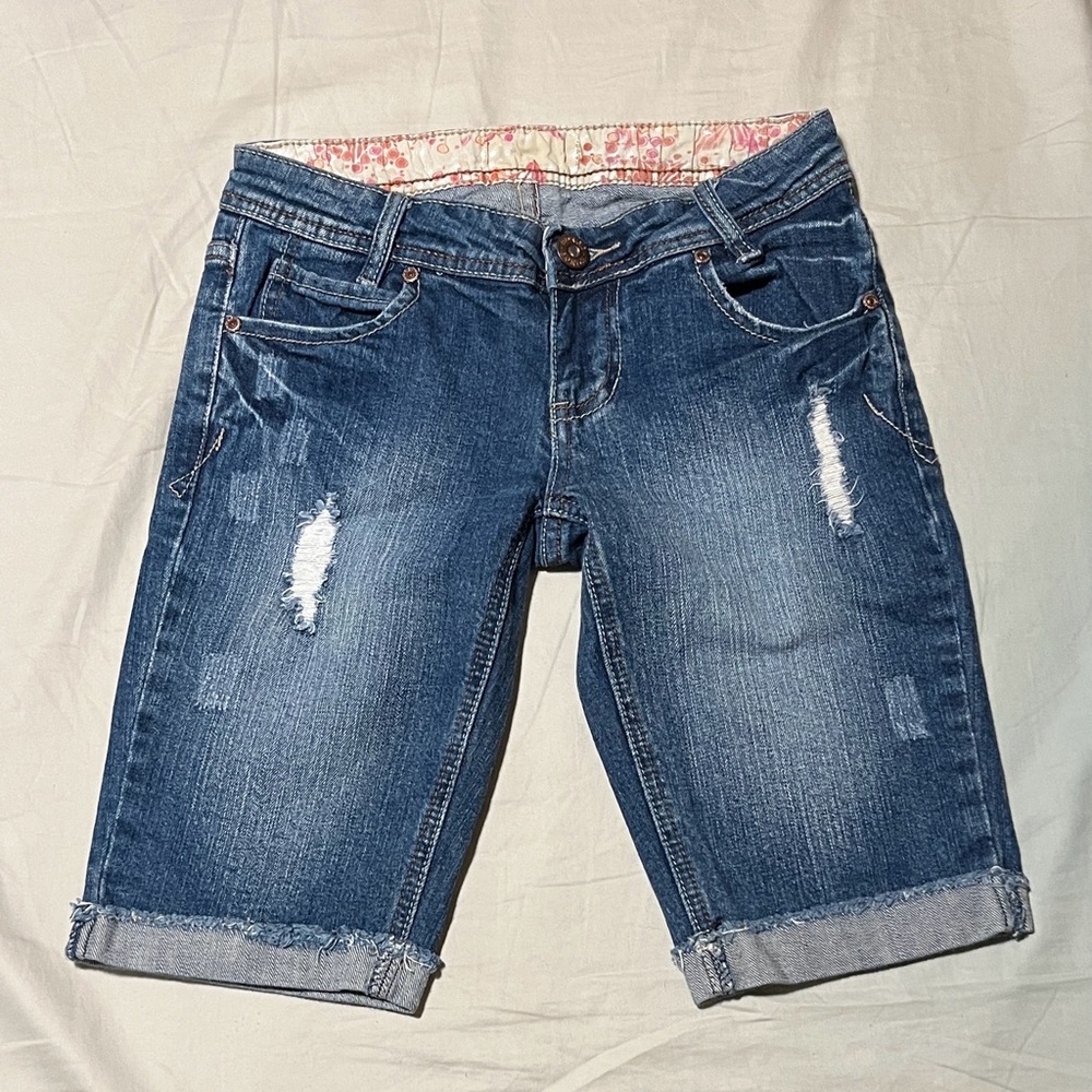 BONGO Blue Distressed Bermuda Length Jean Shorts